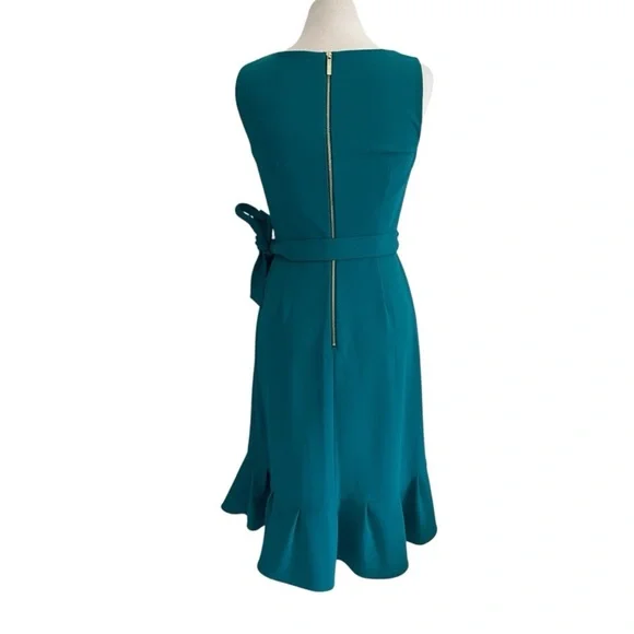 Calvin Klein ruffle sheath dress tie waist flounce hem size 4 teal - Picture 8 of 13